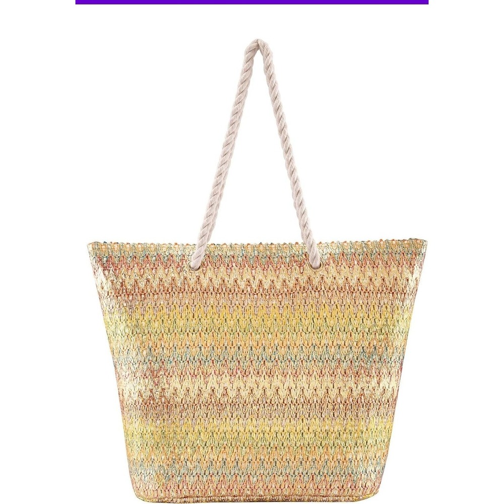 Woven Straw‎ Beach Tote Bag Rope Handle Lined Zip Closure Colorful